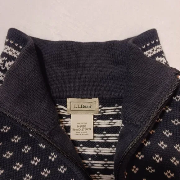 L.L. Bean, 100% Cotton, Nordic Fair Isle Sweater, 1/4 Zip, Black/White, Med.-Reg - Picture 15 of 16